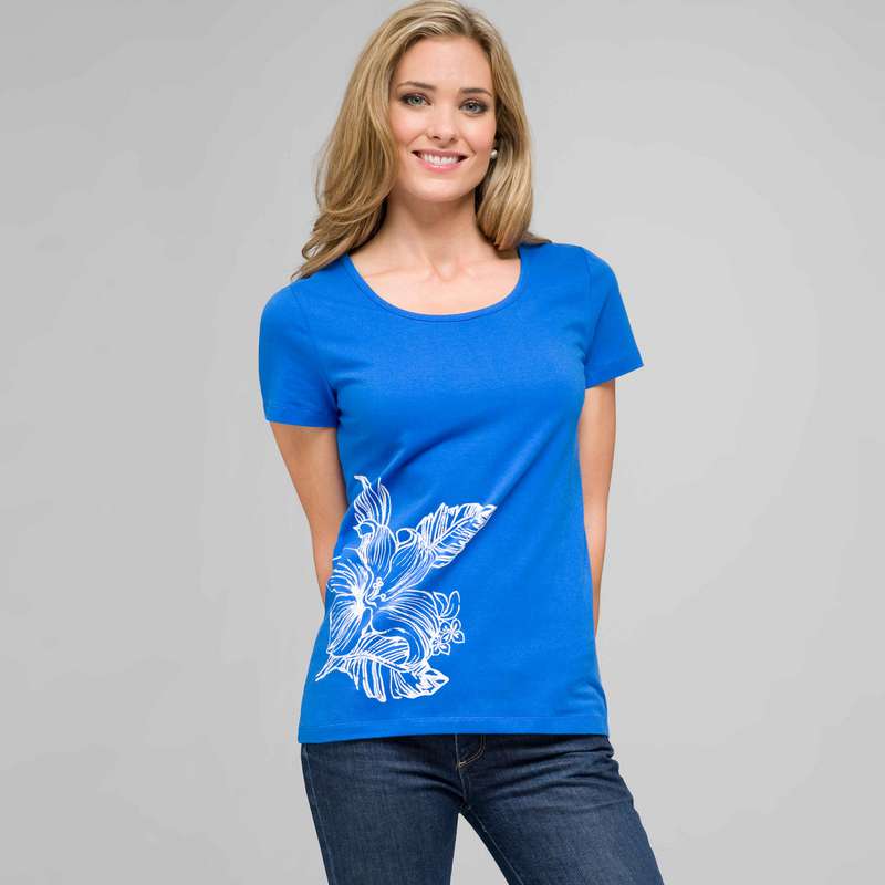 Top ras-de-cou à manches courtes, bleu lagon et blanc, large