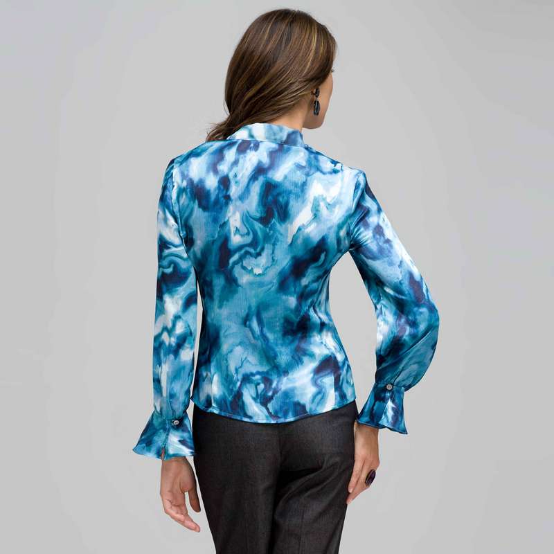 Chemisier avec jabot à volants, Océan chiné, large