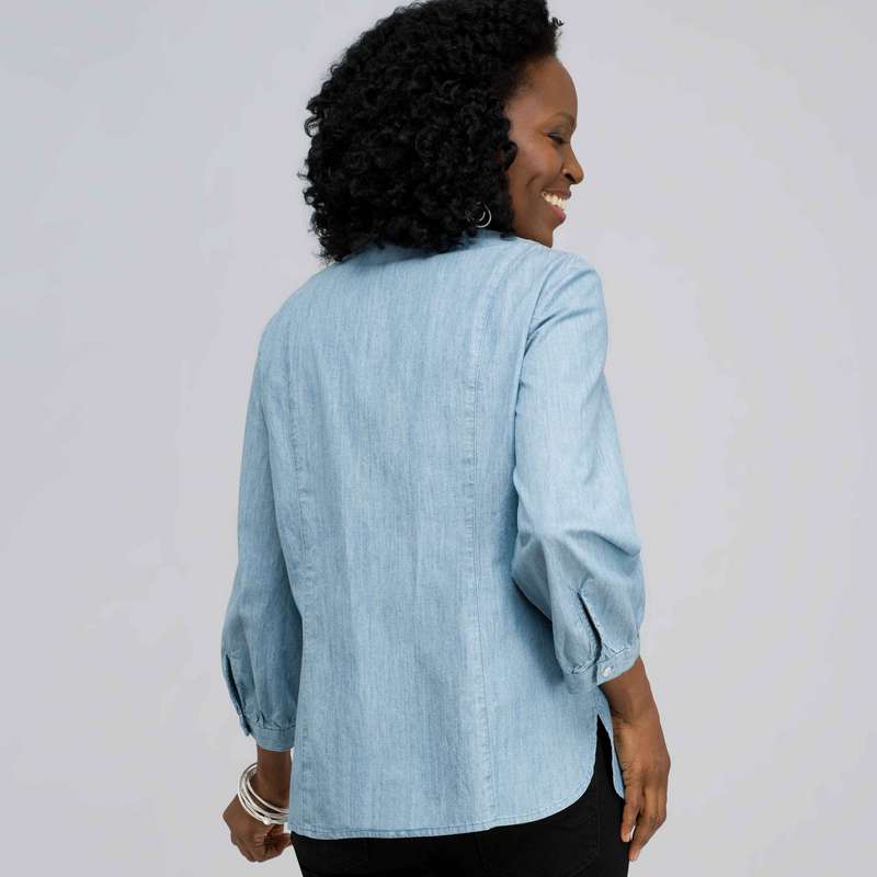 Tunique à jabot et manches 3/4, bleu délavé, large